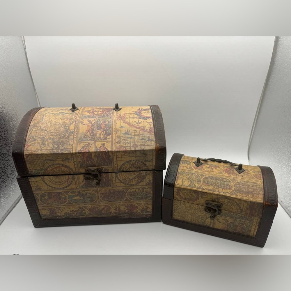 Vintage Wooden Decorative Trinket 2 Boxes Small and Large Storage Jewelry Box